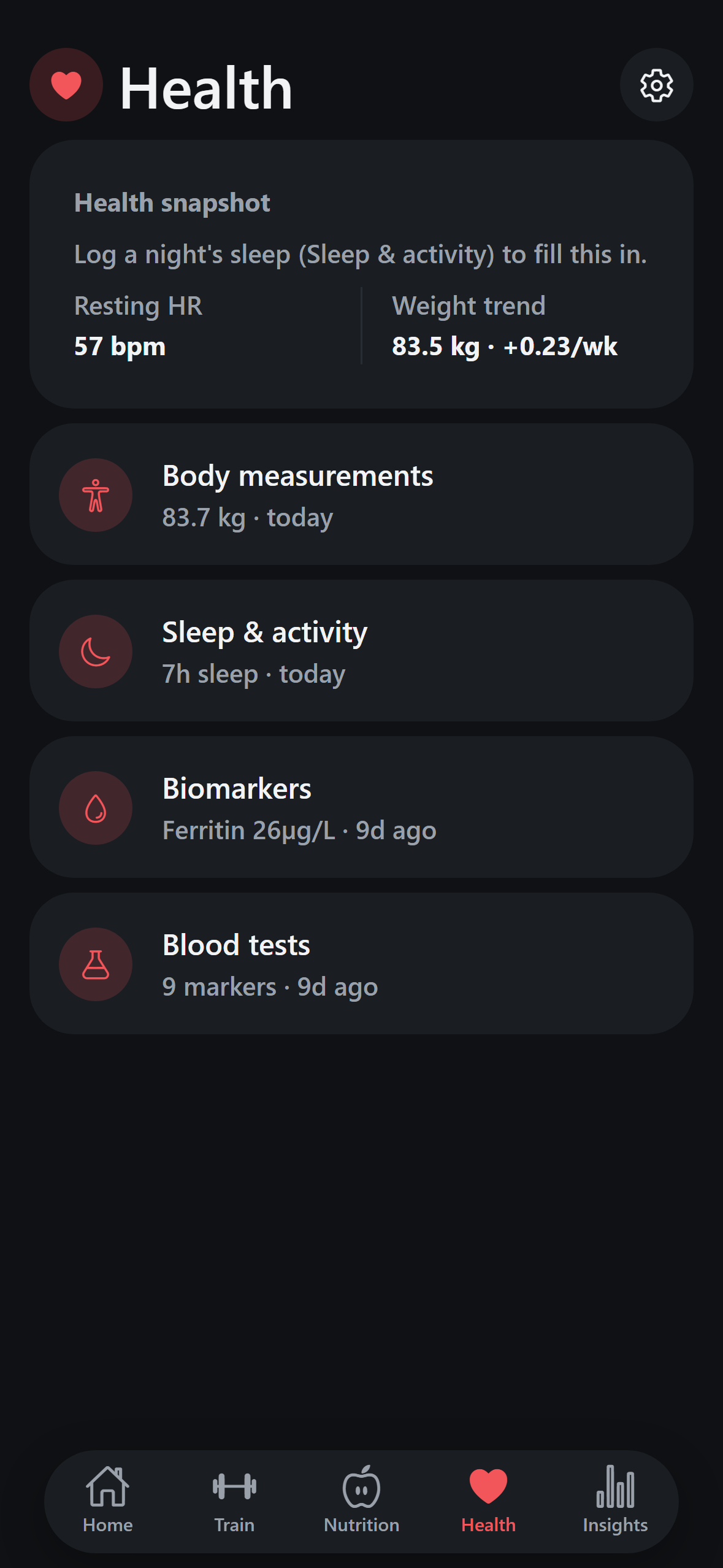 ComniWell Health tab showing resting heart rate, weight trend, biomarkers, and blood test history