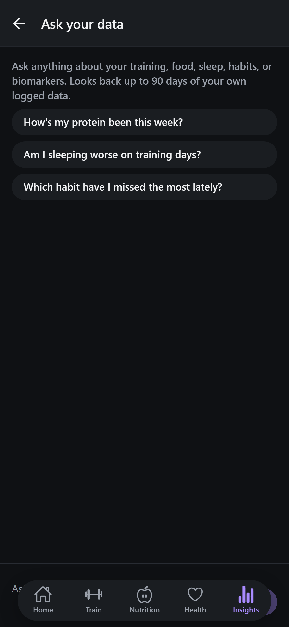 ComniWell Insights tab's Ask your data screen with suggested questions about training, sleep, and habits