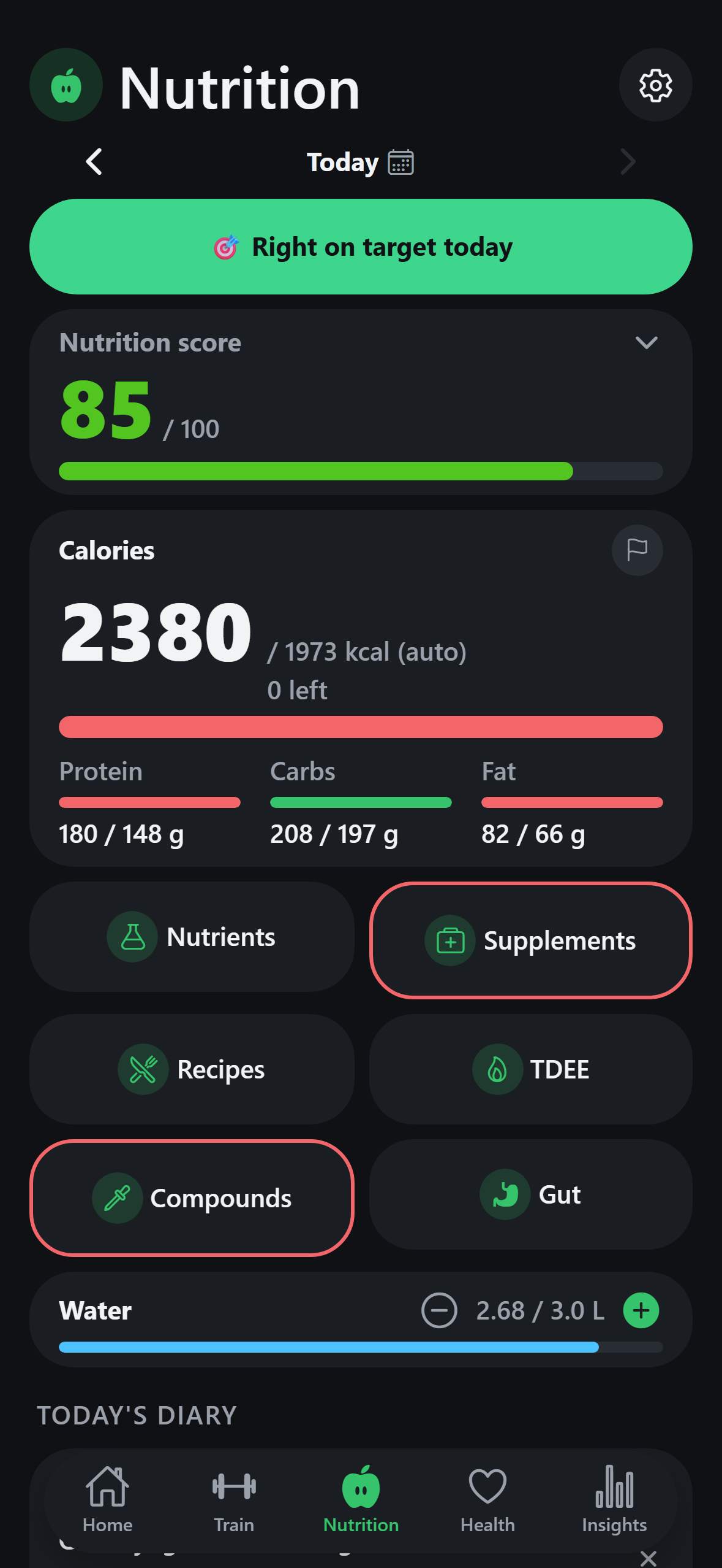 ComniWell Nutrition tab showing today's calorie and macro totals, nutrition score, and quick links